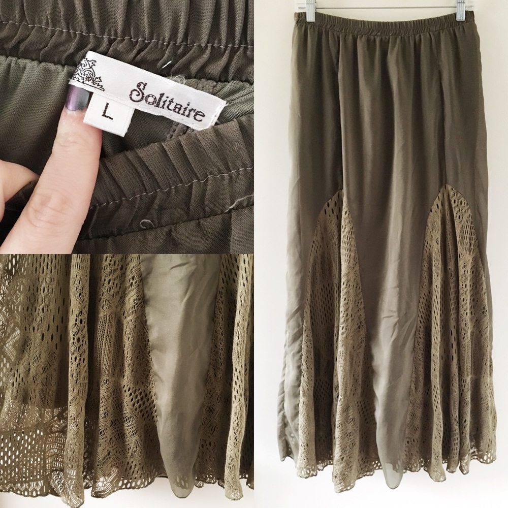 Olive Green 🌿 Boho Lace Panel Maxi Skirt